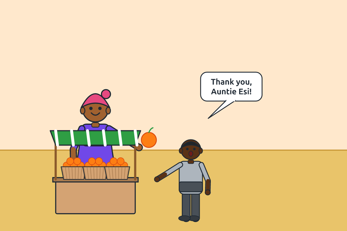 A market woman giving an orange to a hungry boy