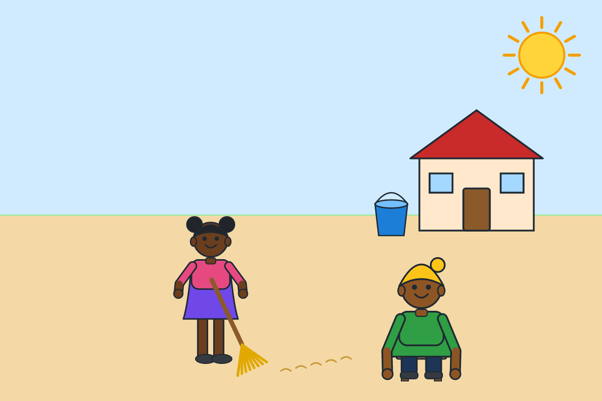 A girl sweeping a compound while her grandmother watches