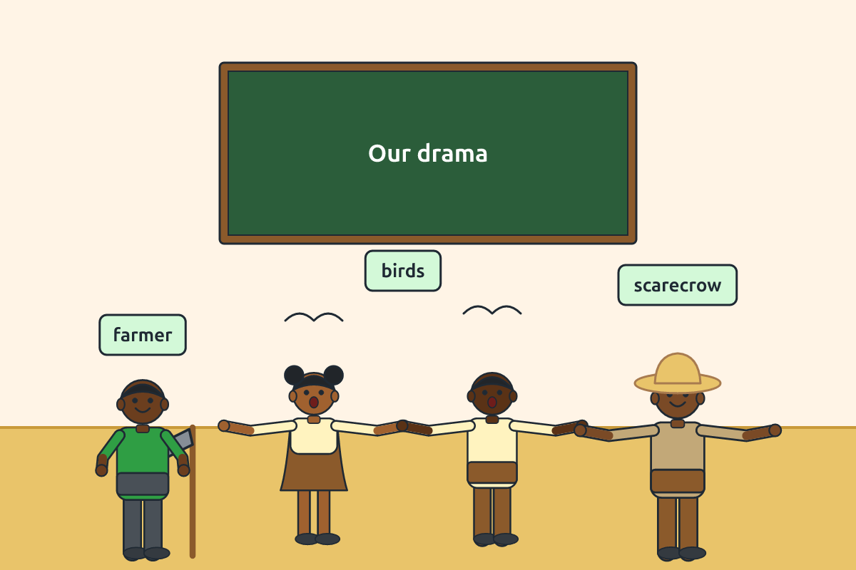 Children acting as a farmer, birds and a scarecrow
