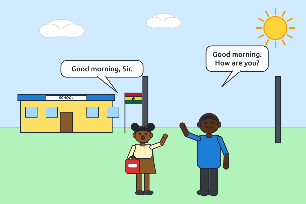 A pupil greeting a teacher in the morning