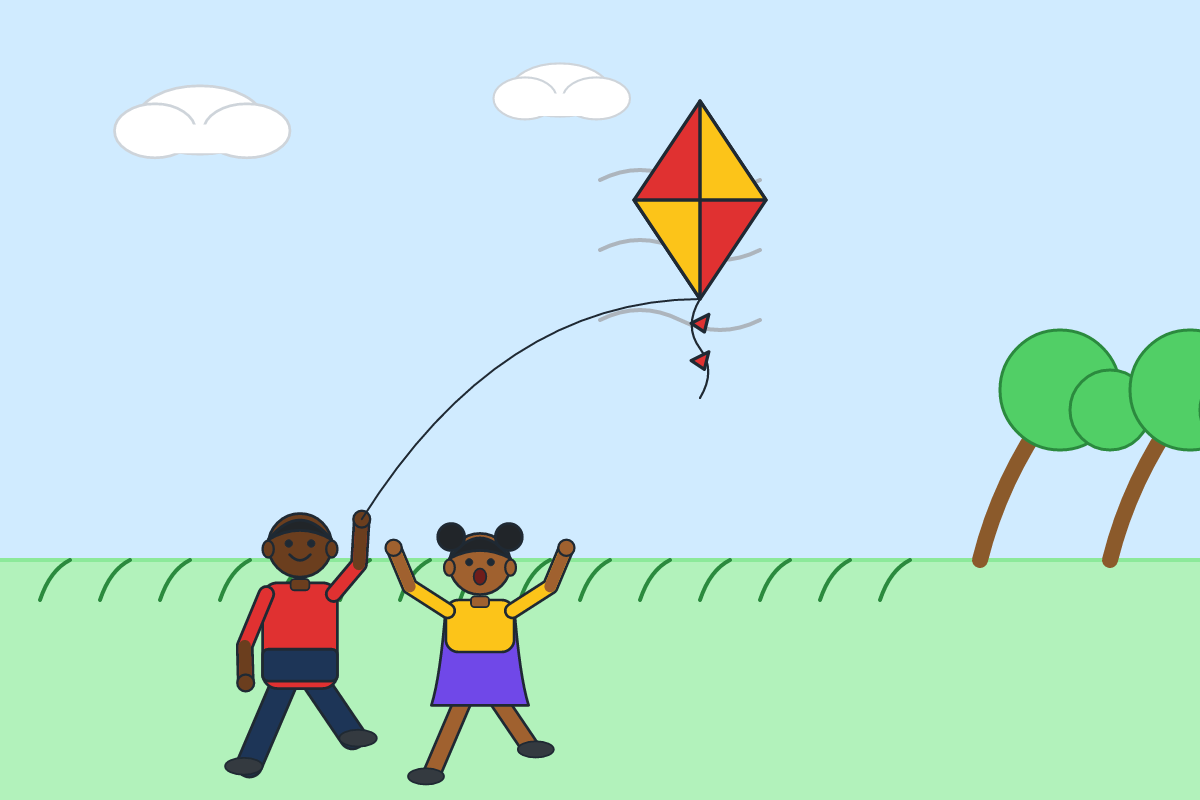 Two children flying a paper kite on a windy afternoon