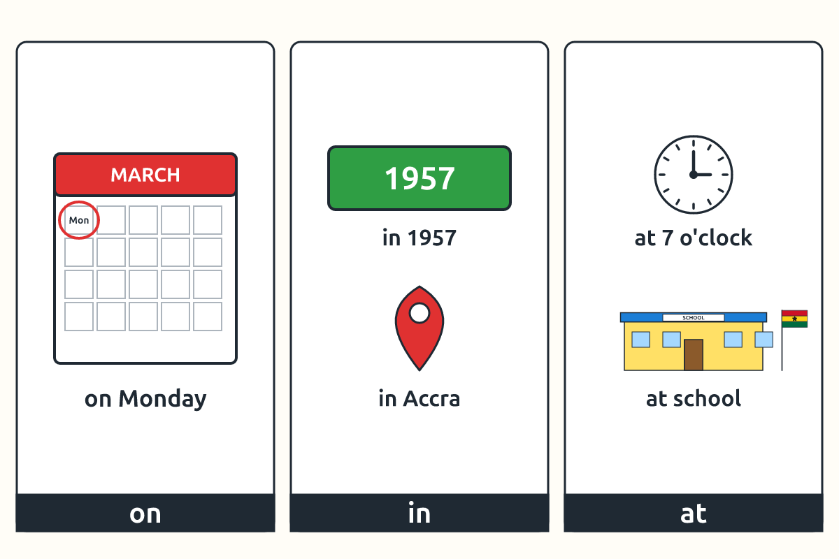 A calendar page, a clock and a school building showing on, in and at