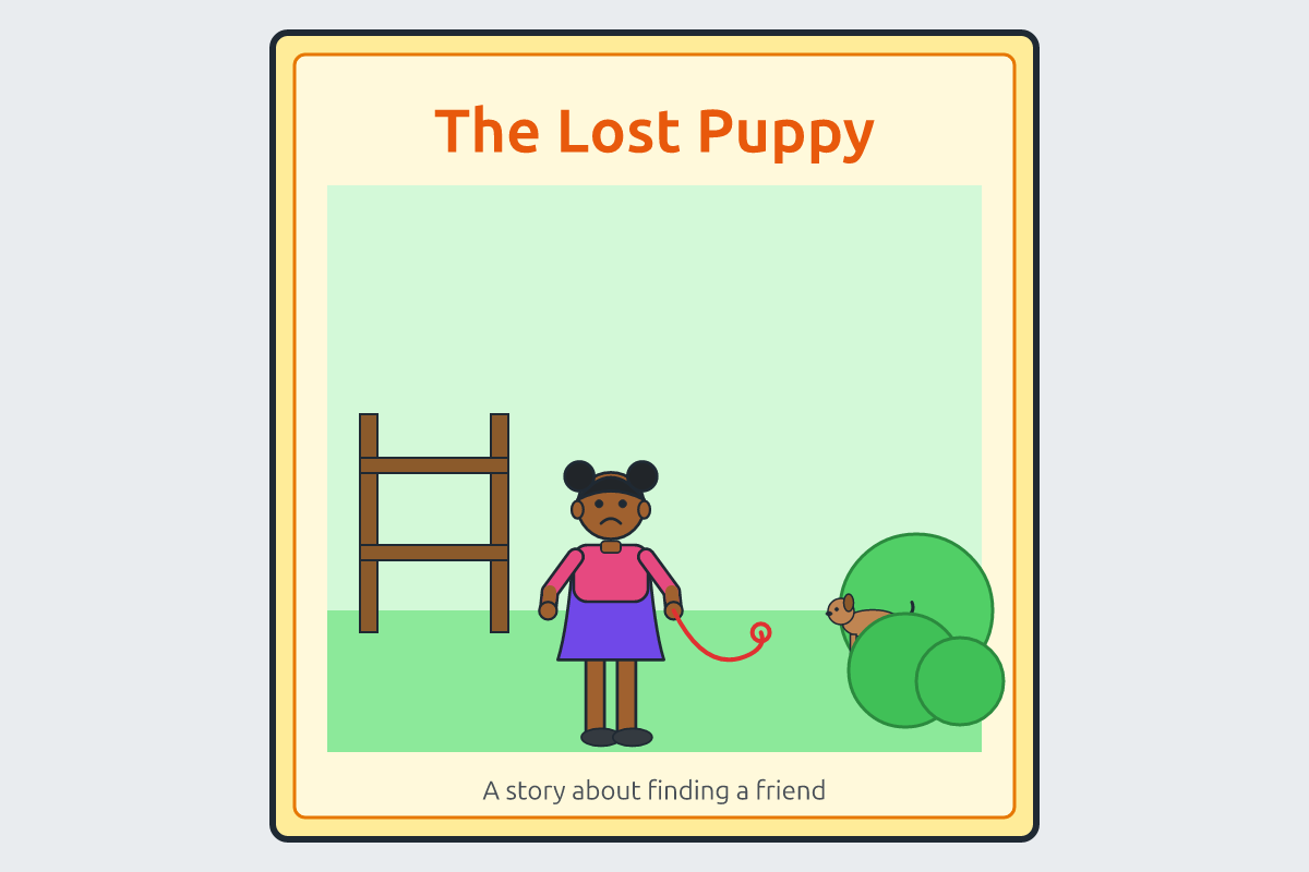 A storybook cover titled The Lost Puppy with a sad girl holding an empty lead