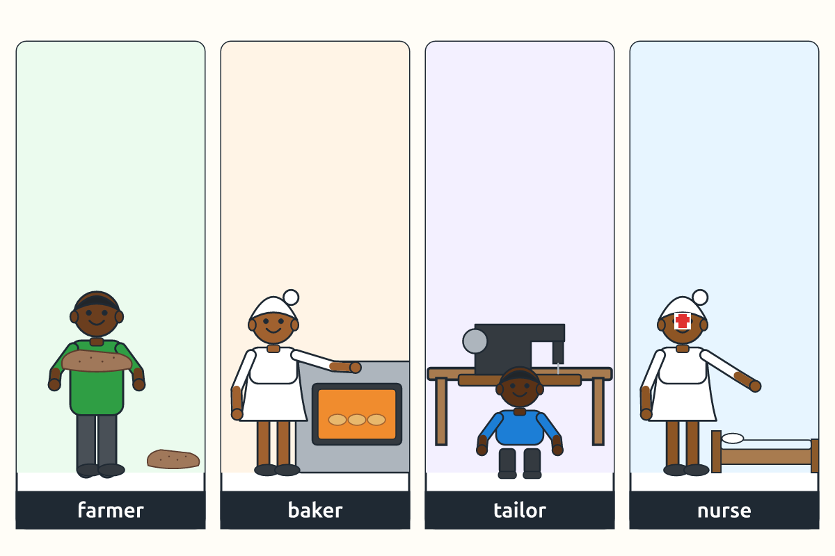 A farmer, a baker, a tailor and a nurse at work