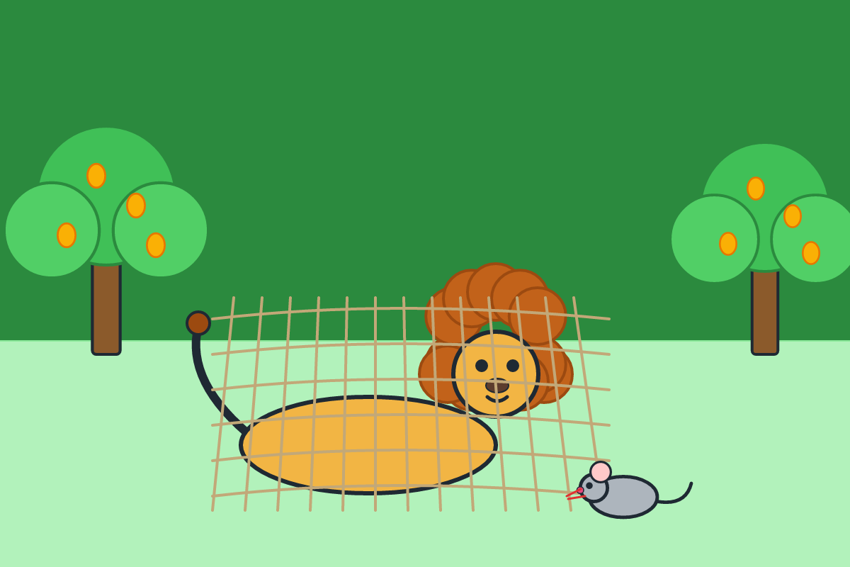 A mouse chewing a net to free a trapped lion