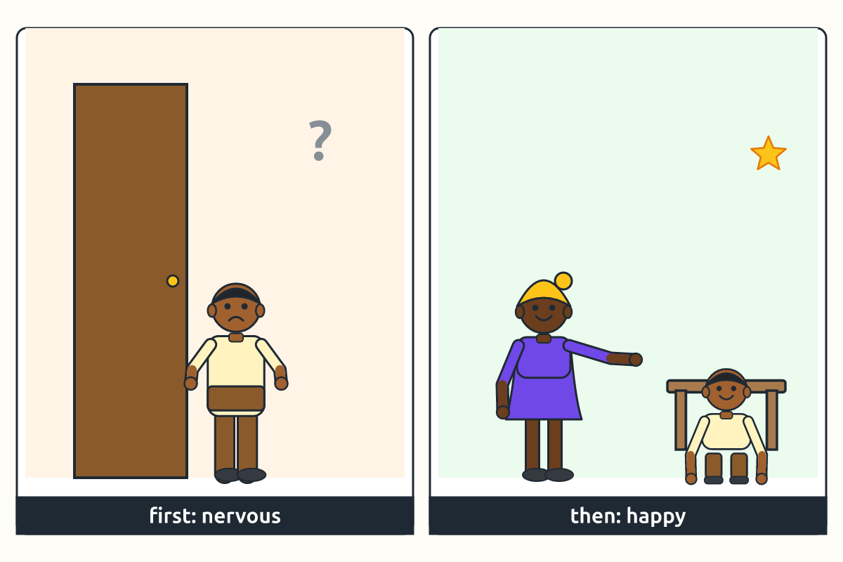 A nervous child becoming happy when a teacher smiles
