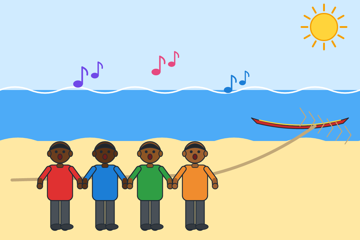 Fishermen pulling a net on the beach while singing