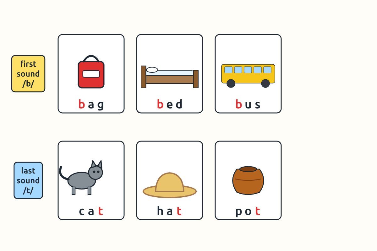 Pictures grouped by first sound: bag, bed, bus; and by last sound: cat, hat, pot