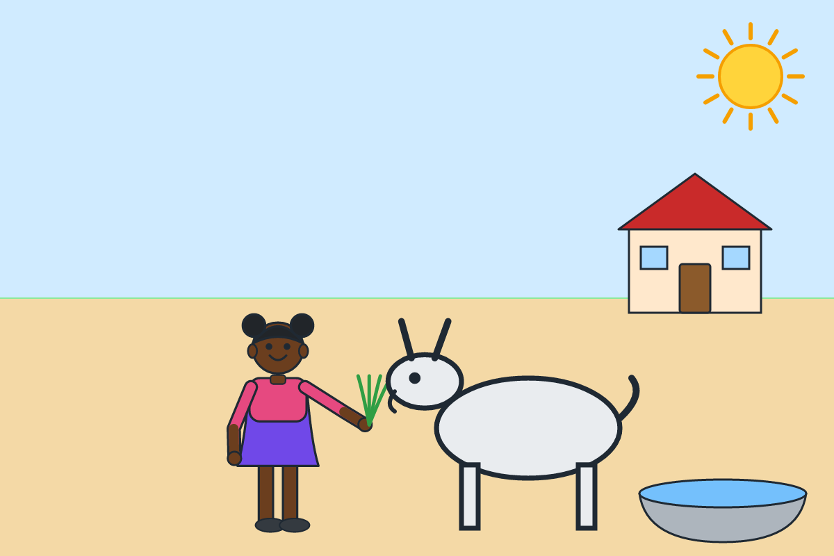 A girl feeding green grass to a white goat