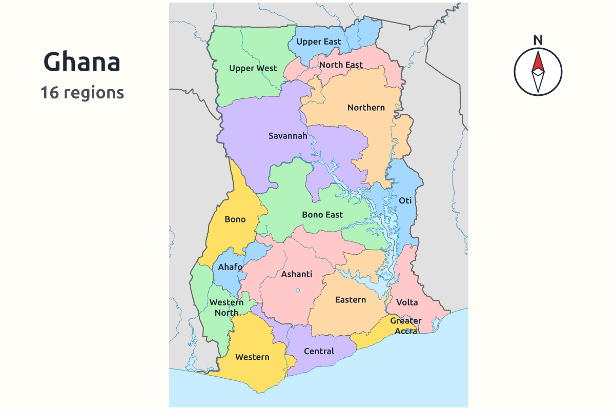 A map of Ghana showing the 16 regions in different colours