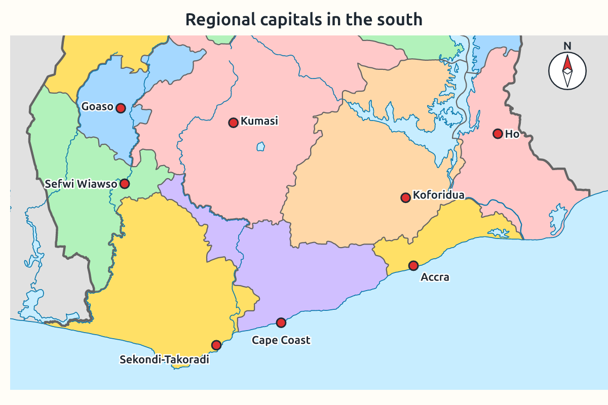Map of southern Ghana with regional capitals marked as dots