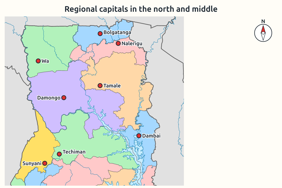 Map of northern and middle Ghana with regional capitals marked