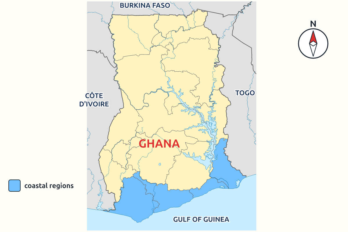 Map of Ghana with neighbouring countries and the four coastal regions shaded