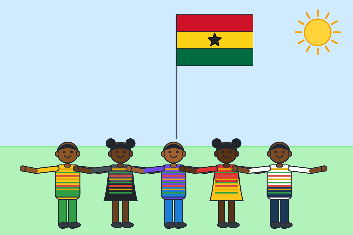 Children of different ethnic groups standing together under the Ghana flag