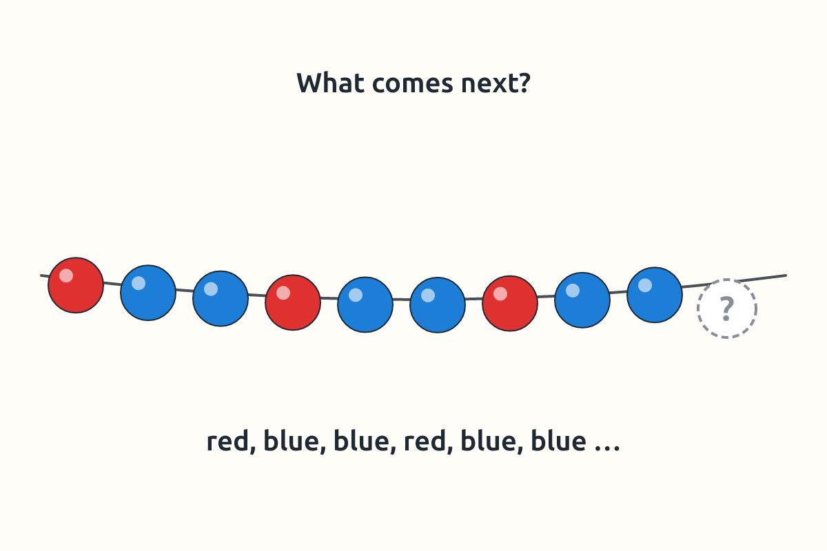 Beads in a repeating red, blue, blue pattern