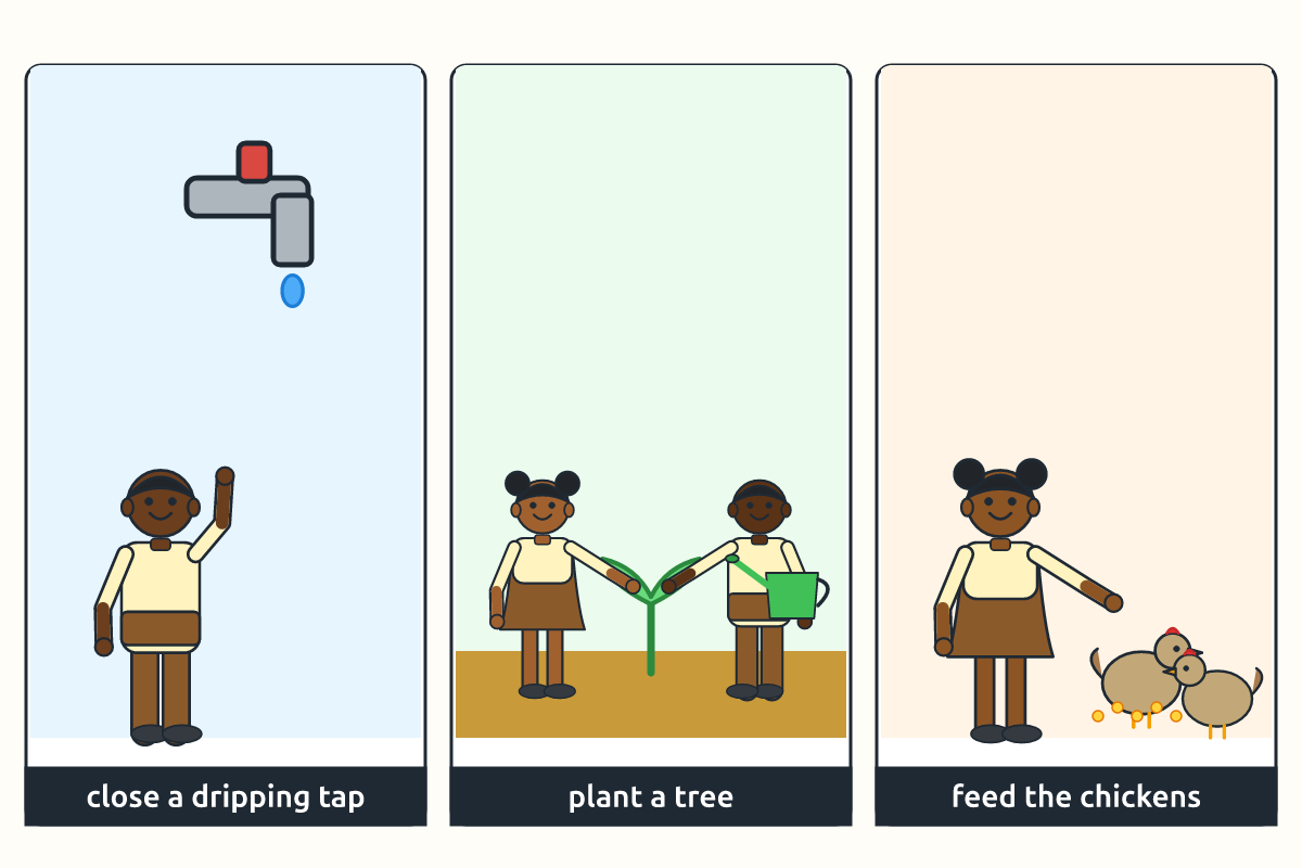 A child closing a dripping tap, children planting a tree and a girl feeding chickens