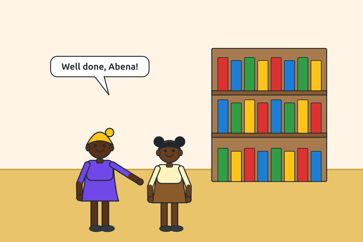 A teacher praising a pupil who helped arrange books