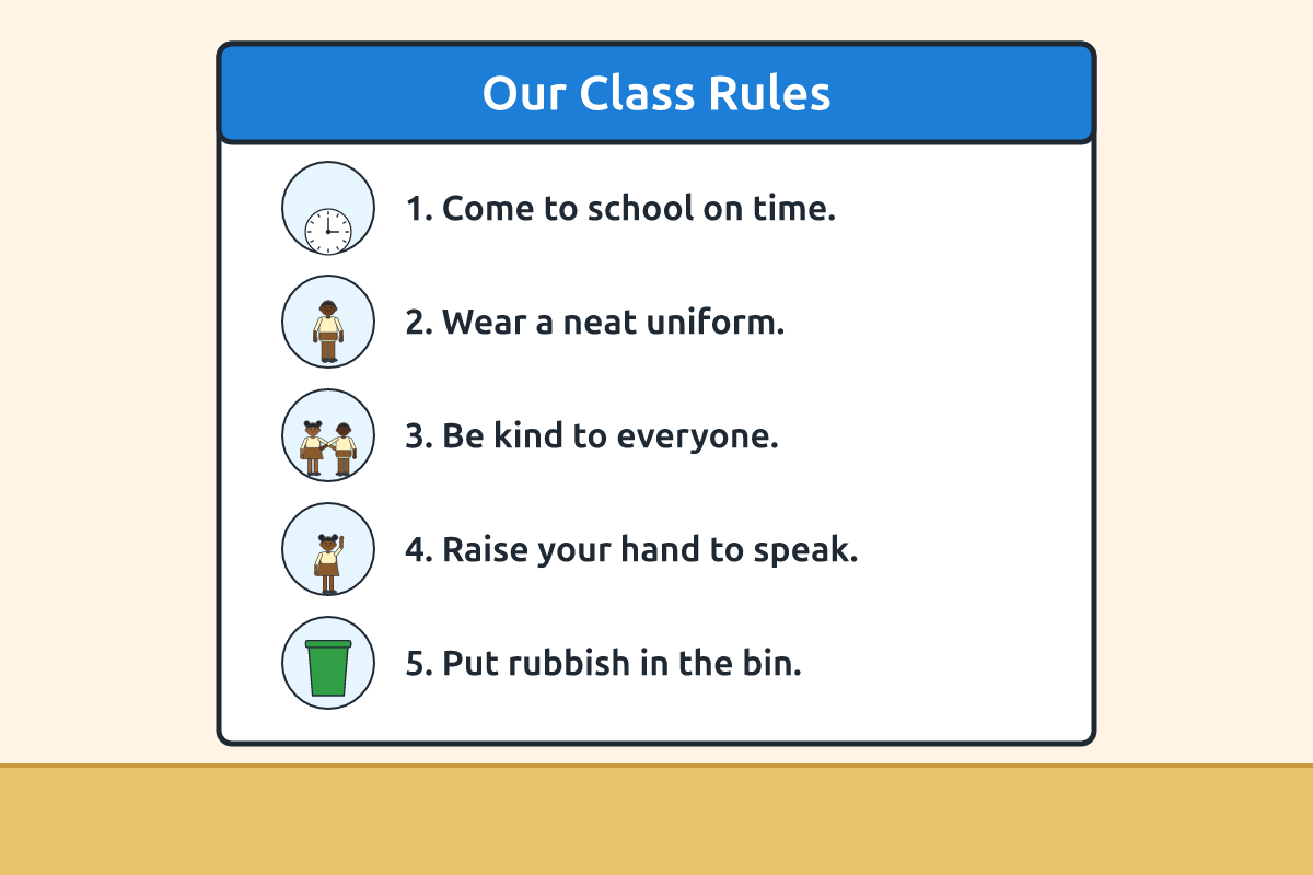 A school rules chart with pictures