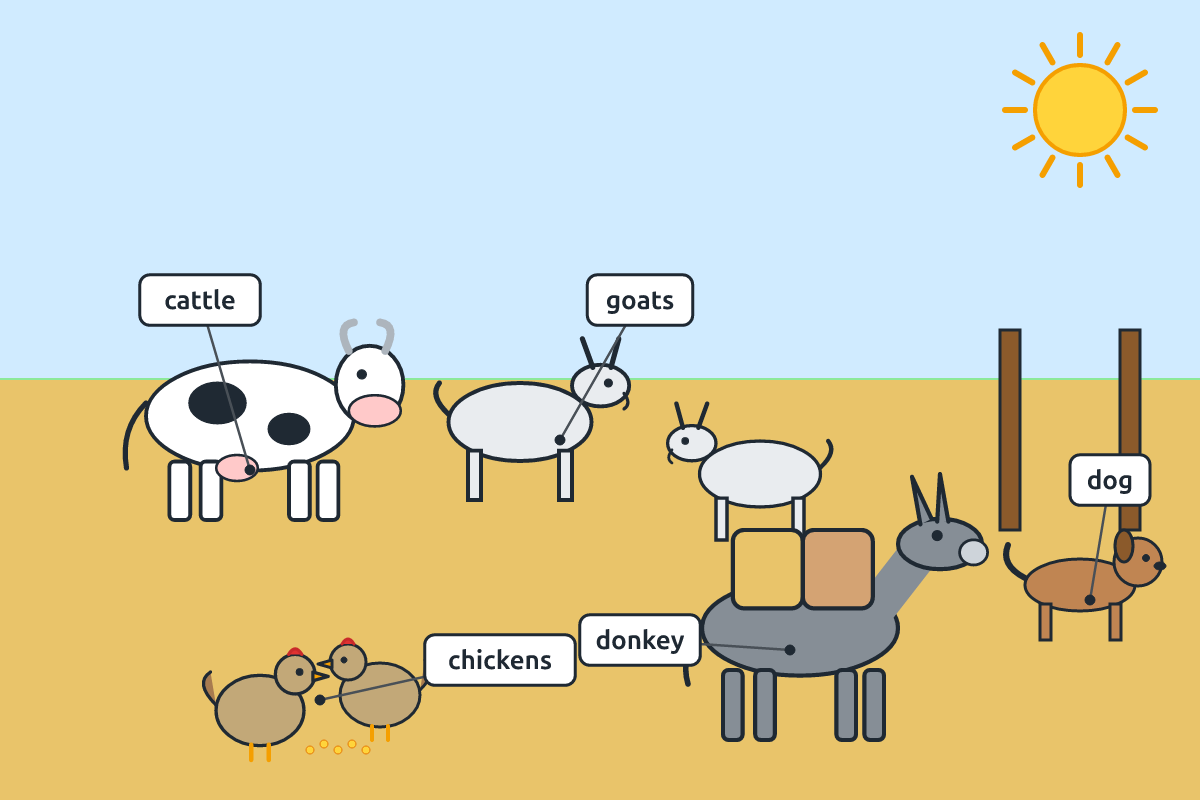 A farm with cattle, goats, chickens and a donkey