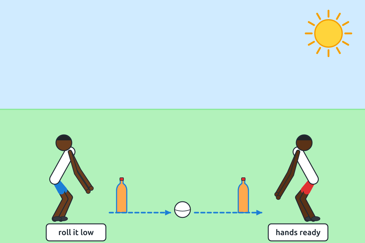 Two children rolling a ball to each other between cones