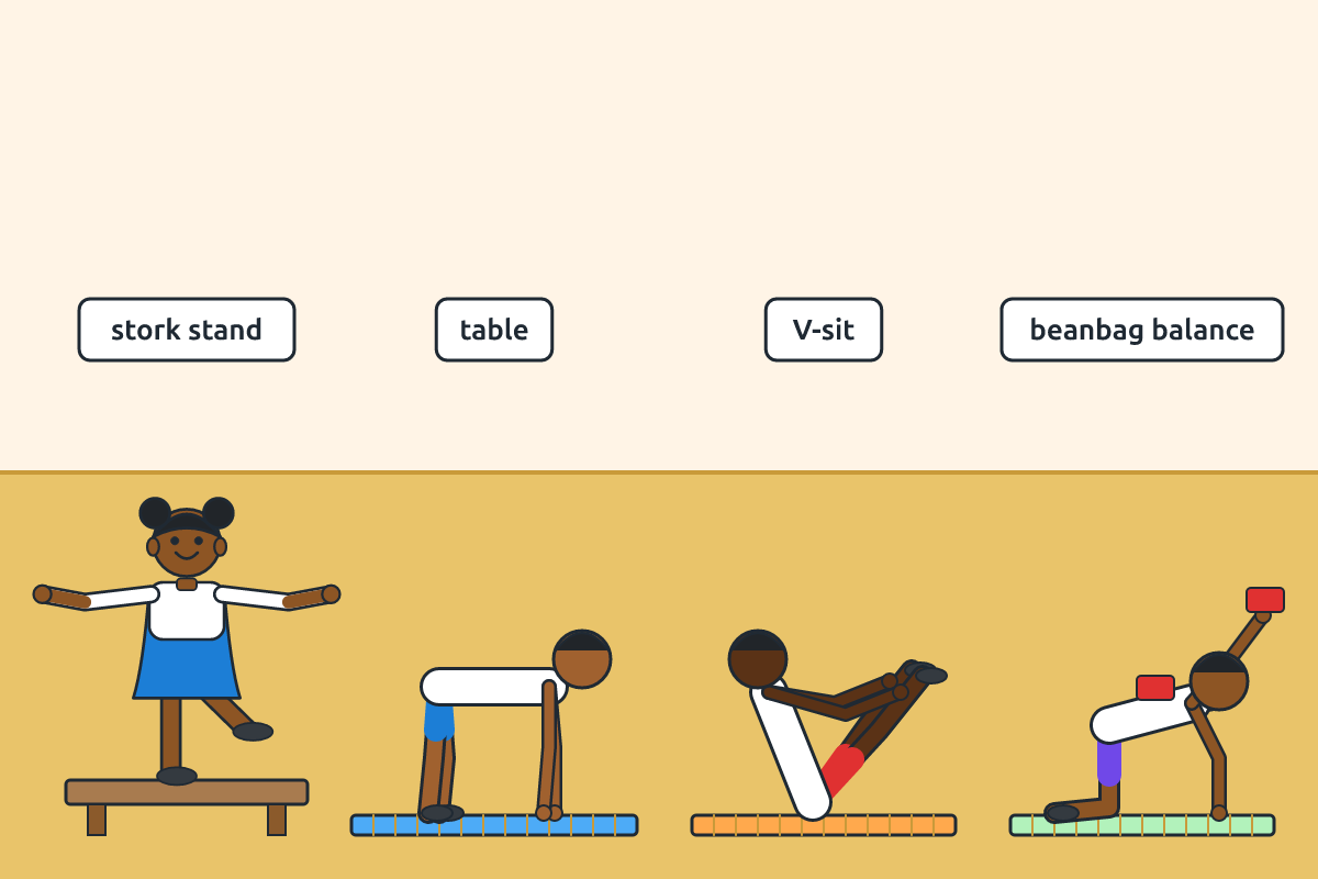 Children holding balances on a mat and on a low bench