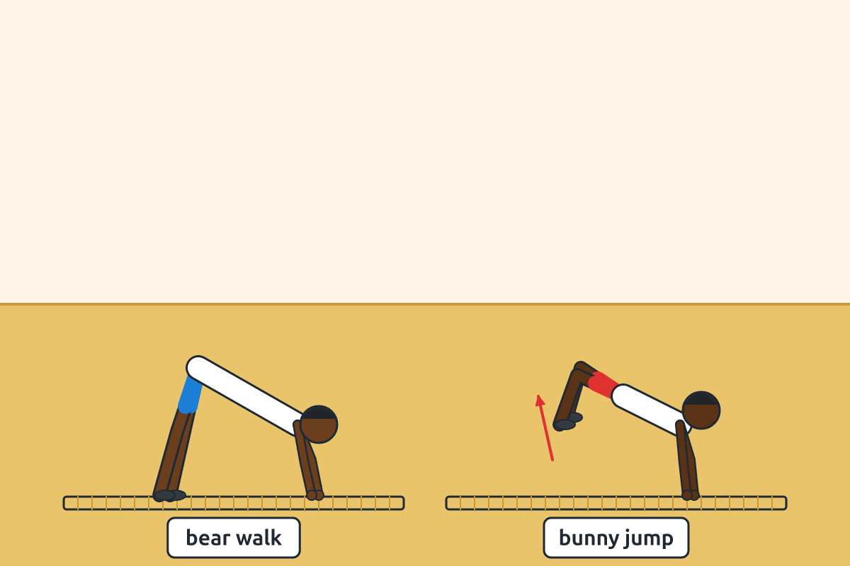 A child doing a bear walk and another doing a bunny jump on mats