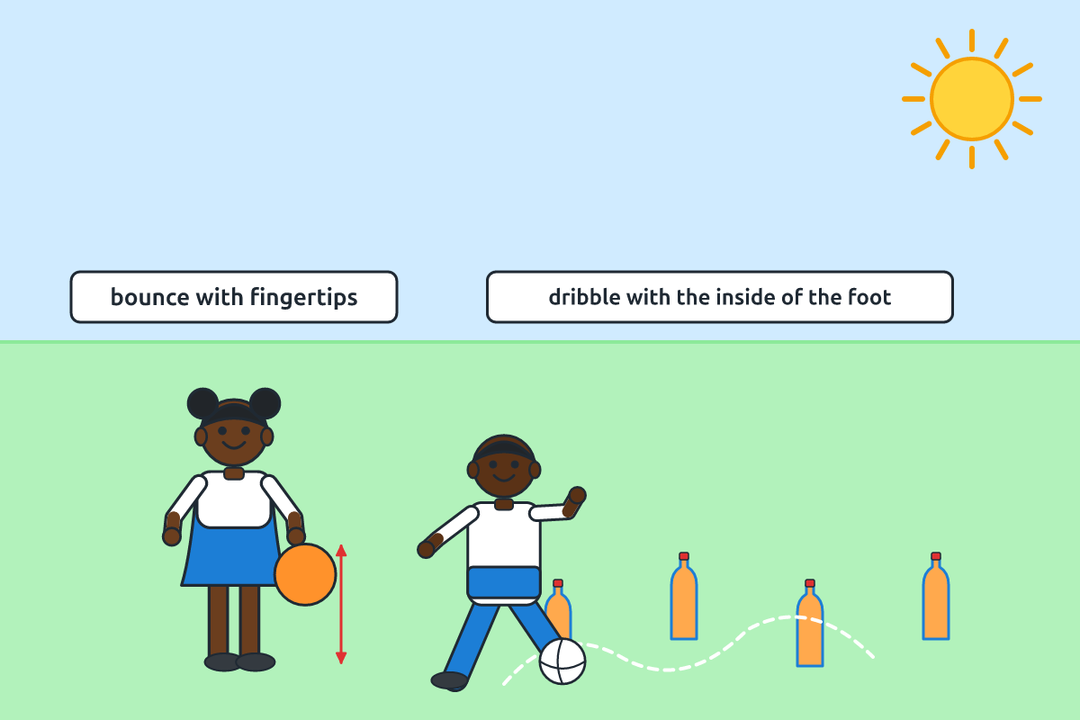 A child bouncing a ball with fingertips and another dribbling a ball with the feet through cones