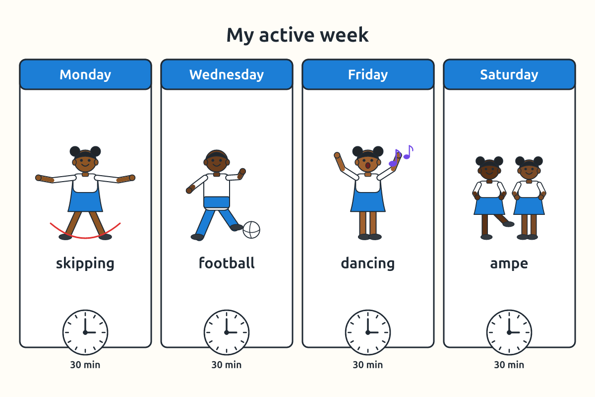 Children skipping, playing football and dancing on different days