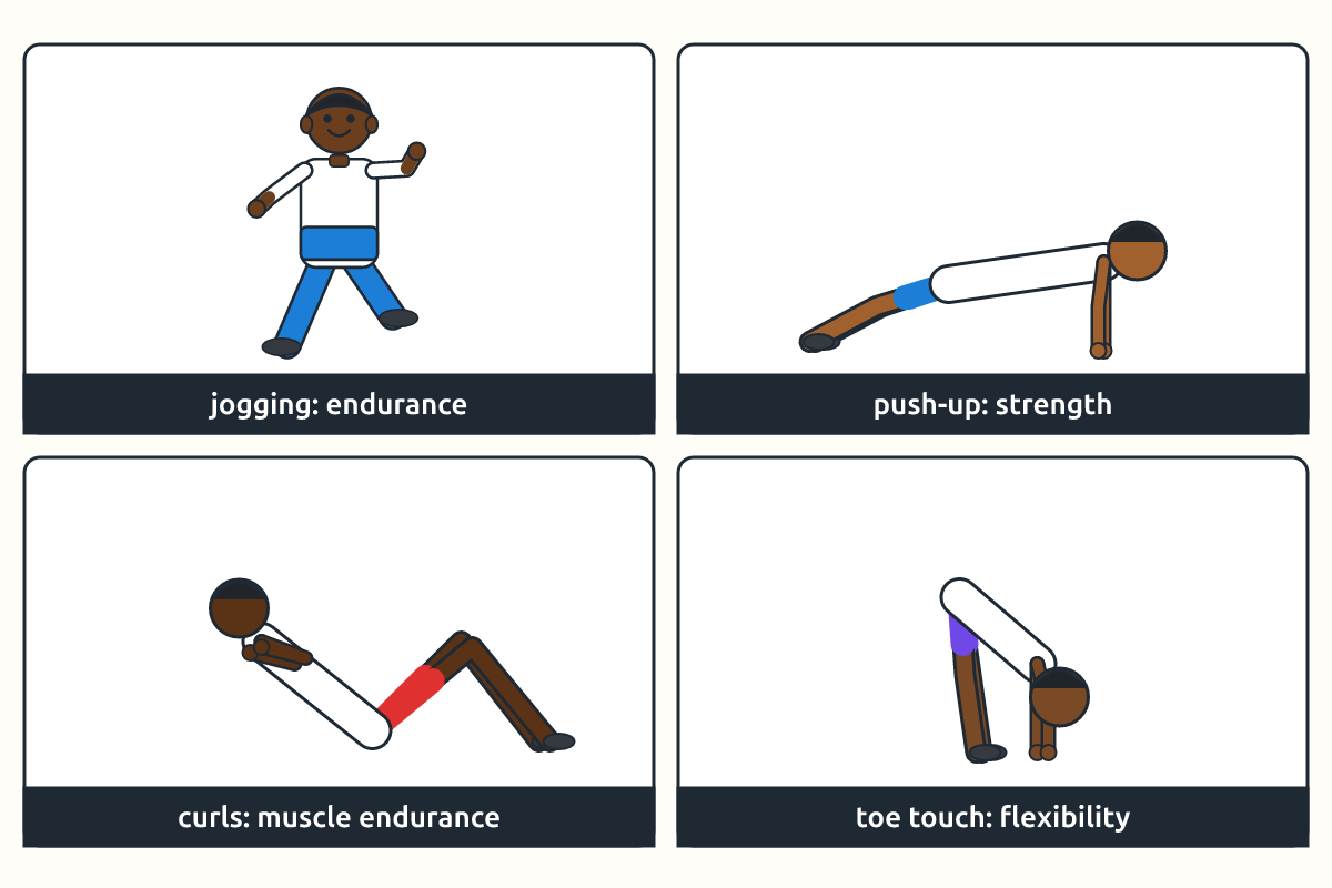 Children jogging, doing push-ups, curls and stretches