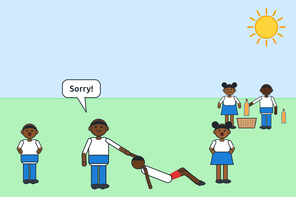 A player helping up another and saying sorry