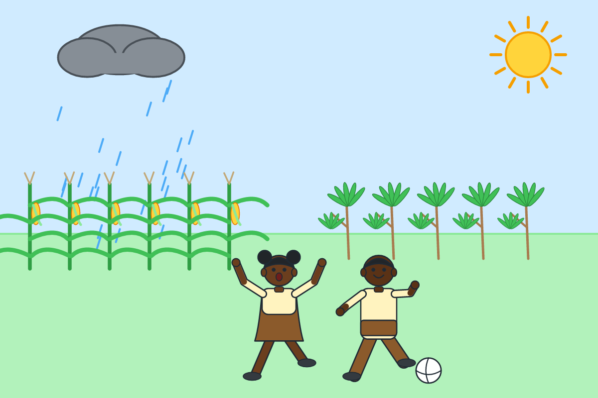 Rain on crops, the sun shining and children playing in fresh air