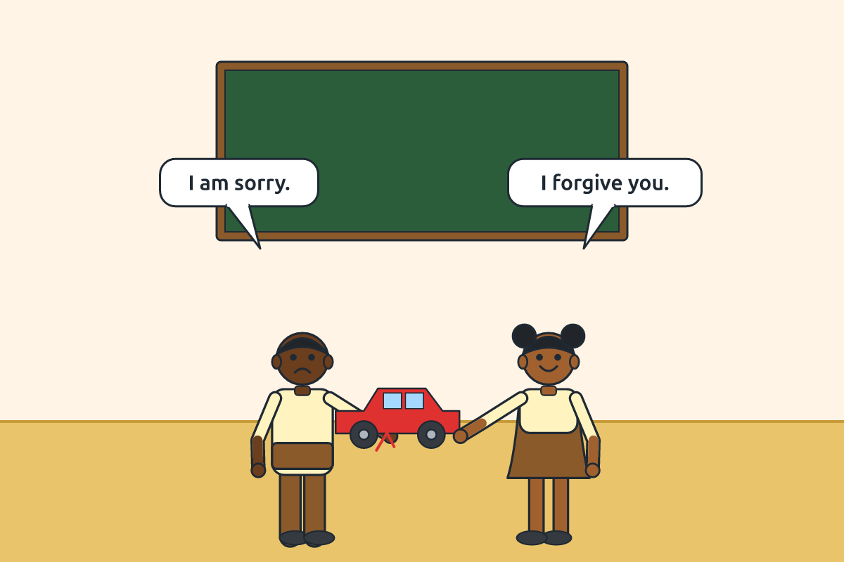 One child saying sorry and the other shaking hands to forgive