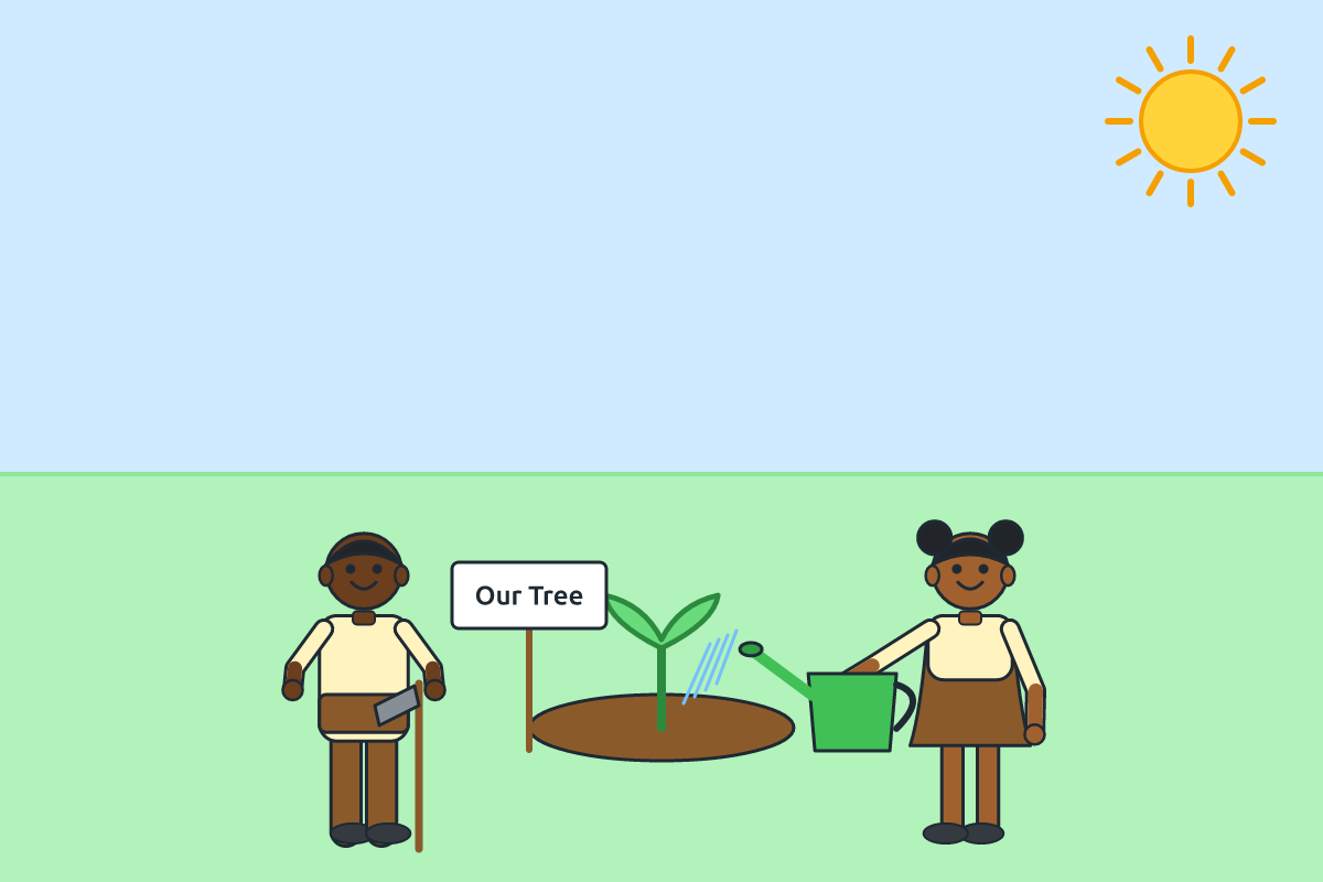 Children planting and watering a tree seedling at school