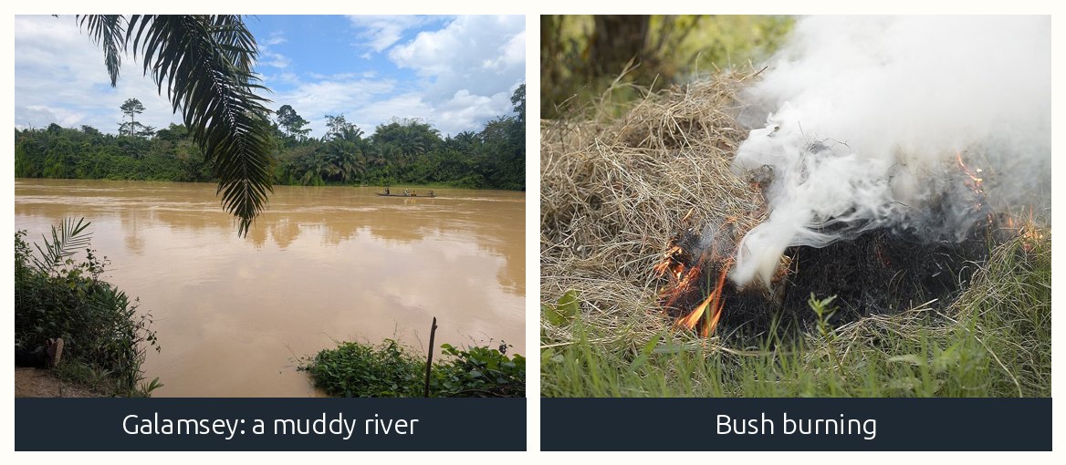 A muddy galamsey pit in a river and a burnt bush