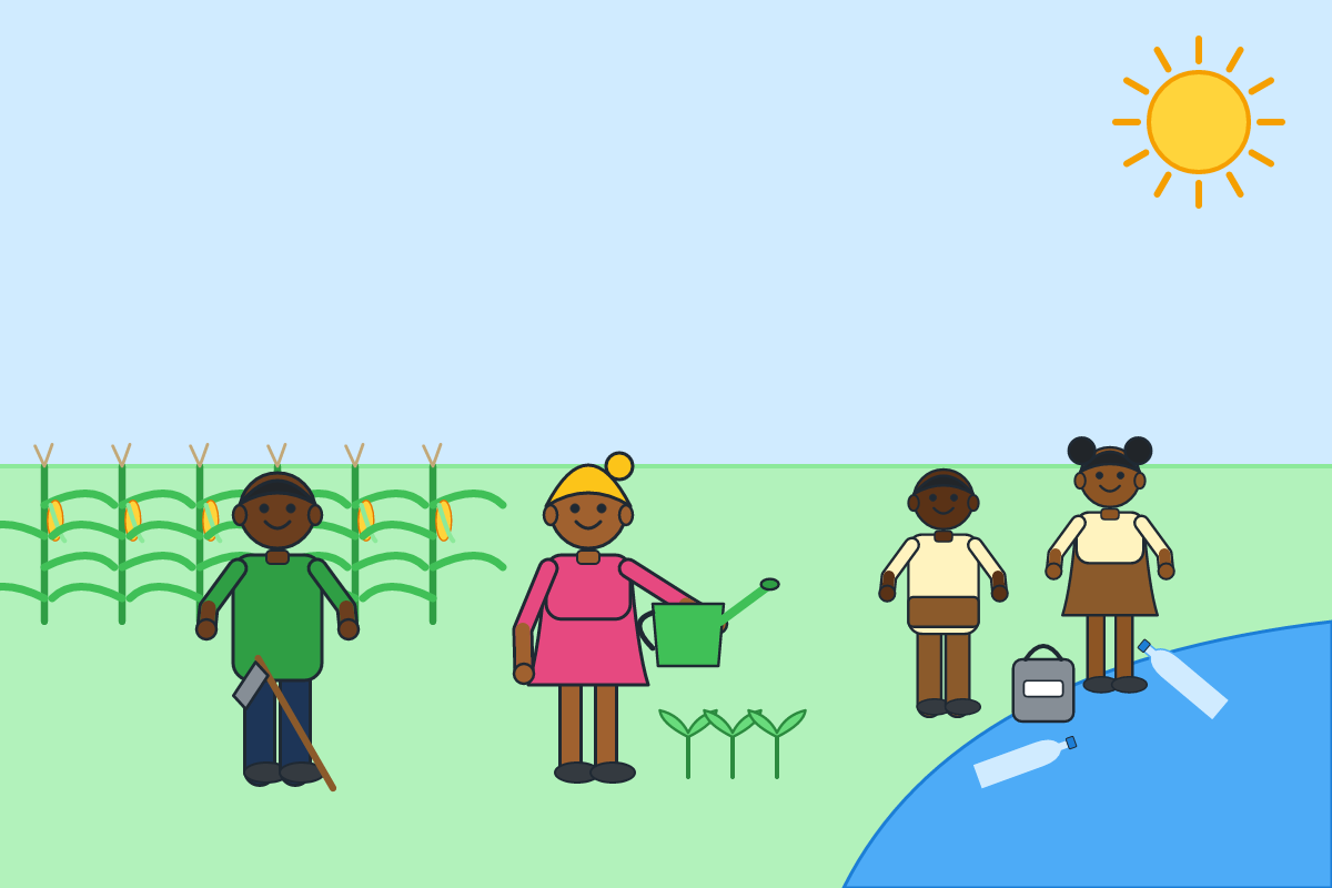 Farmers tending crops and children cleaning a stream