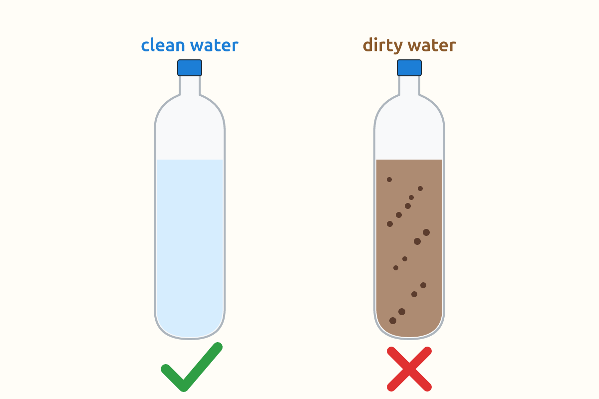 Two clear bottles, one with clean water and one with muddy water