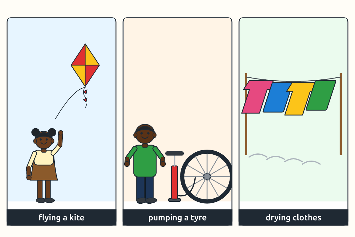 A child flying a kite, a man pumping a tyre and clothes drying on a line