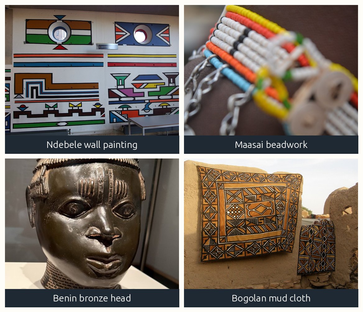 Ndebele painted house, Maasai beadwork, a Benin bronze head and Bogolan mud cloth