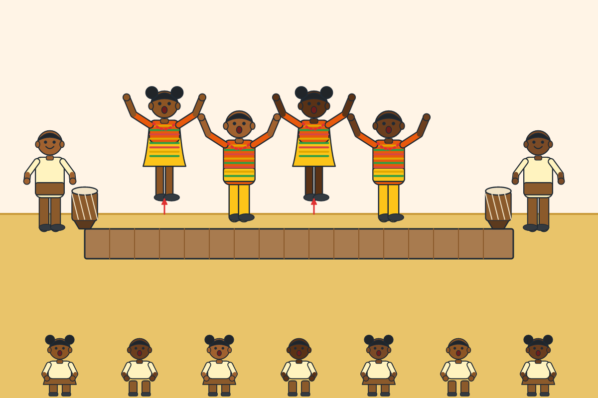 Pupils performing an African-inspired jumping dance in simple costumes