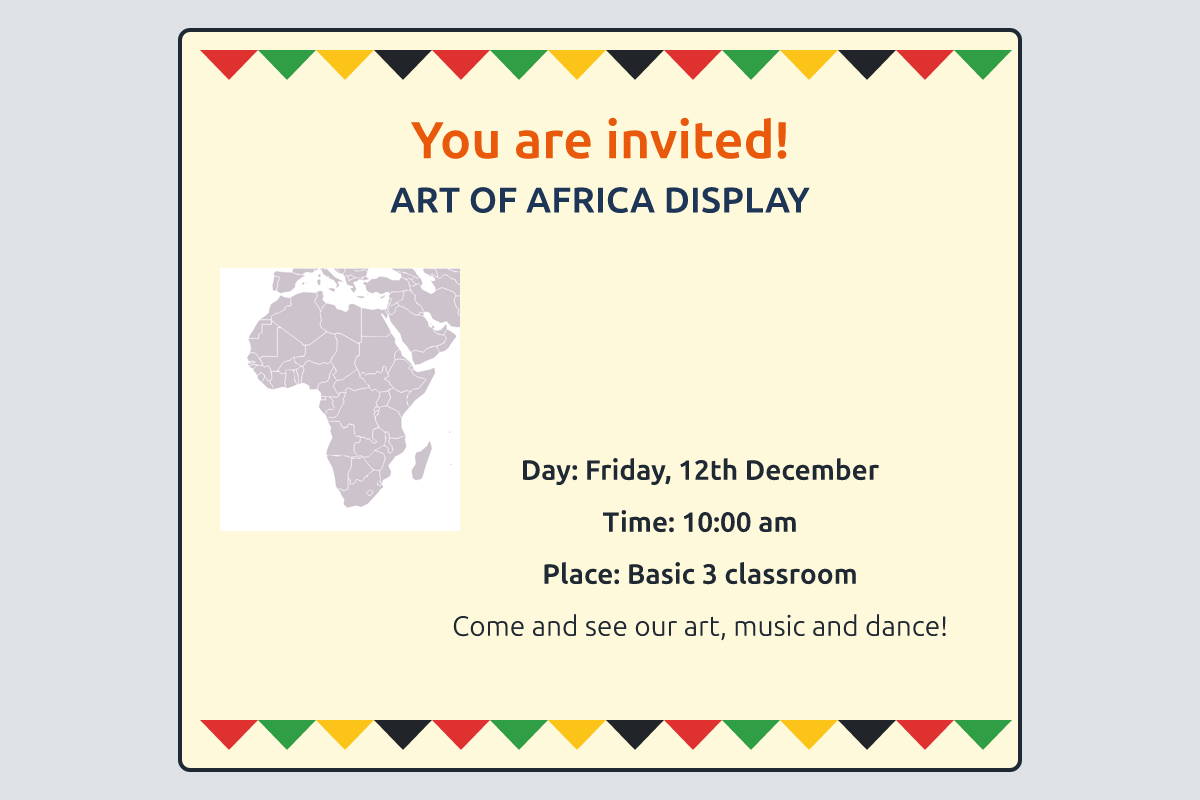 A hand-made invitation card for the Art of Africa display