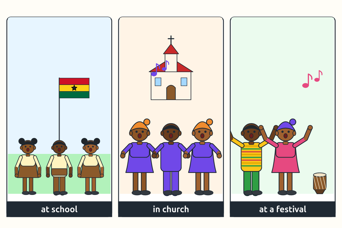 People singing at school, church and a festival