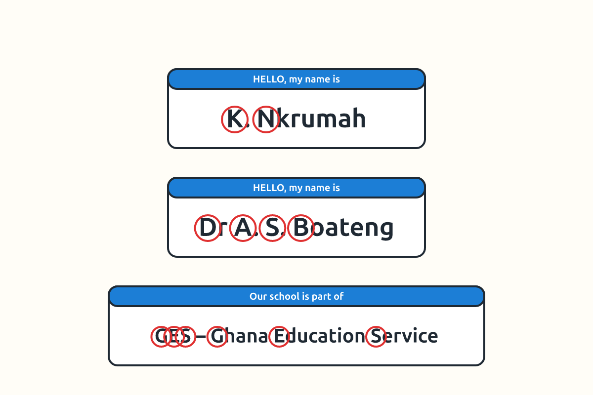 Name tags with initials and abbreviations