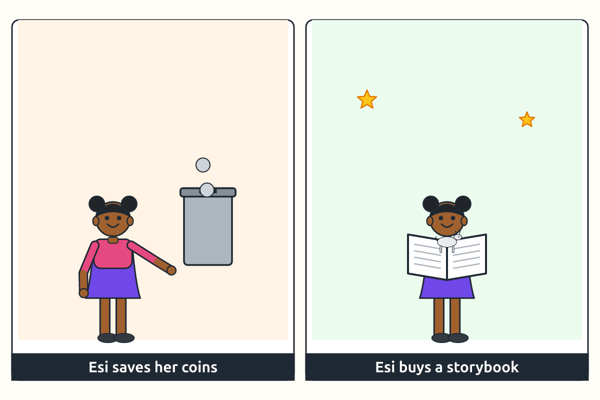 A girl dropping coins into a tin and later holding a new storybook