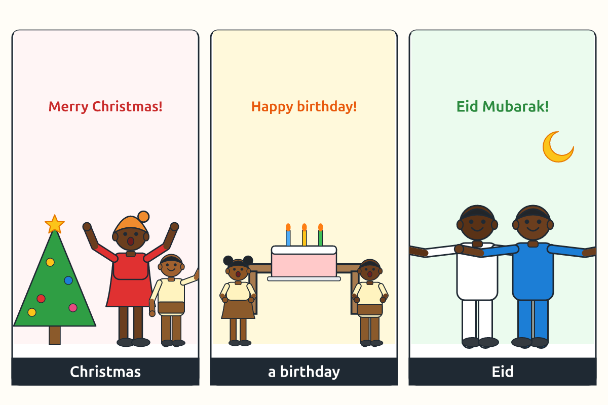 People greeting at Christmas, a birthday and Eid