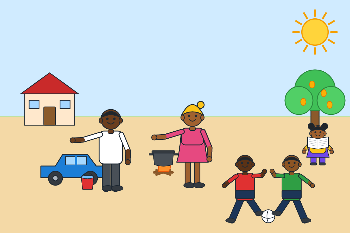 A family on Saturday: father washing a car, mother cooking, boys playing football, a girl reading