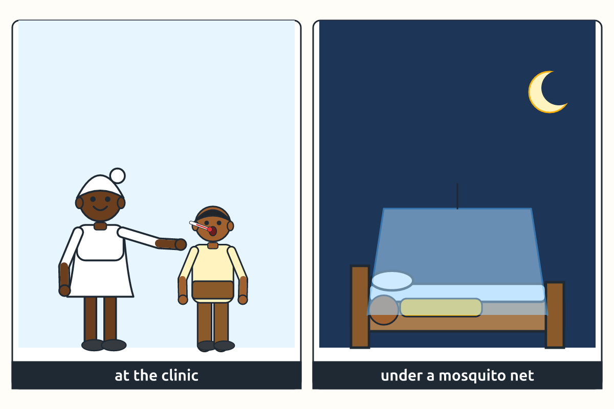 A nurse checking a boy's temperature and a bed with a mosquito net