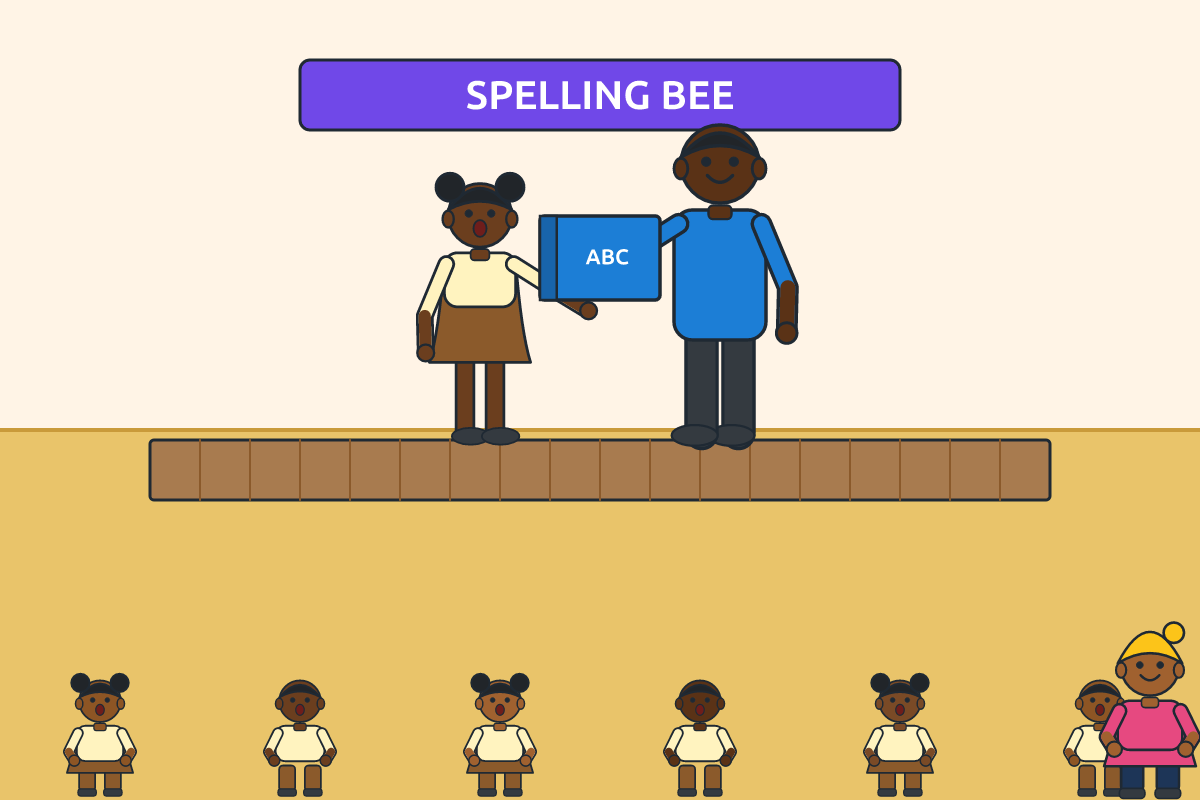 A girl receiving a dictionary as first prize at a spelling competition