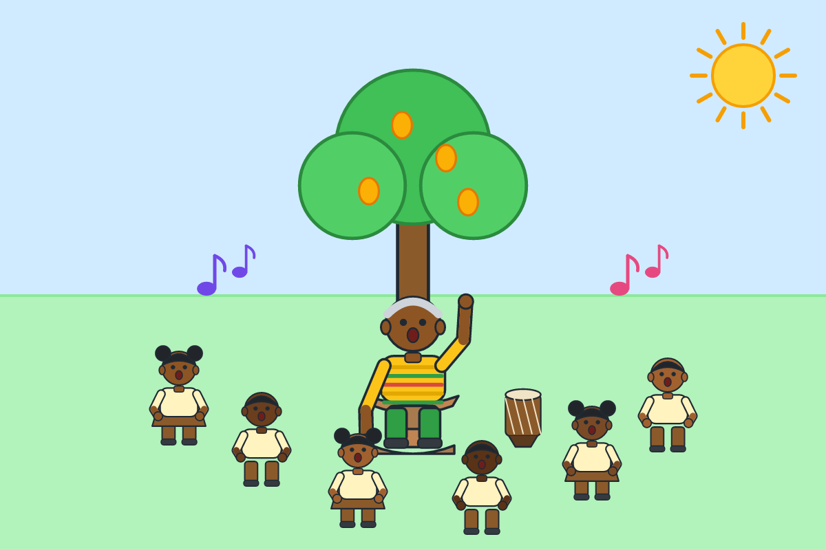 Children singing in a circle while an elder explains the song's lesson