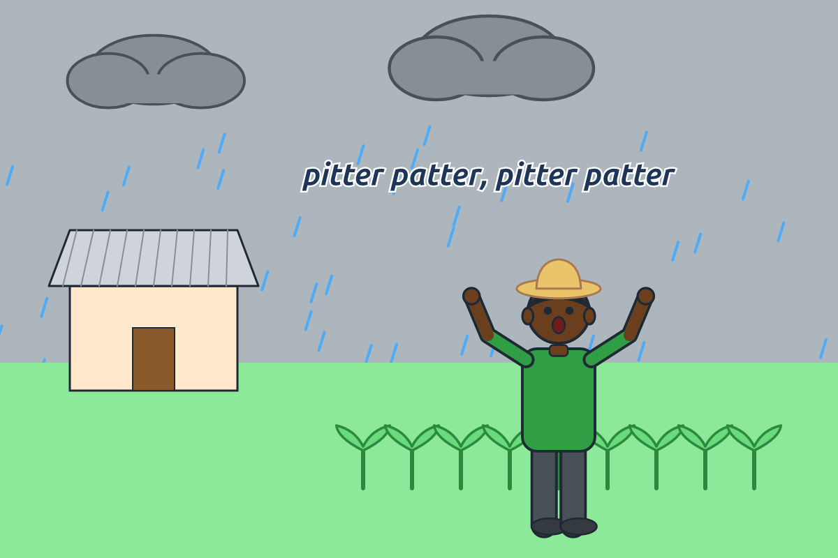 Rain falling on a roof and a smiling farmer in his field