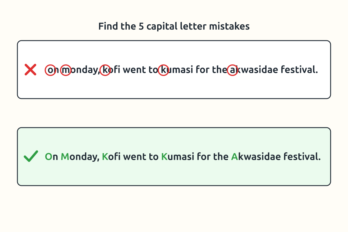 A sentence with capital letter mistakes circled and corrected
